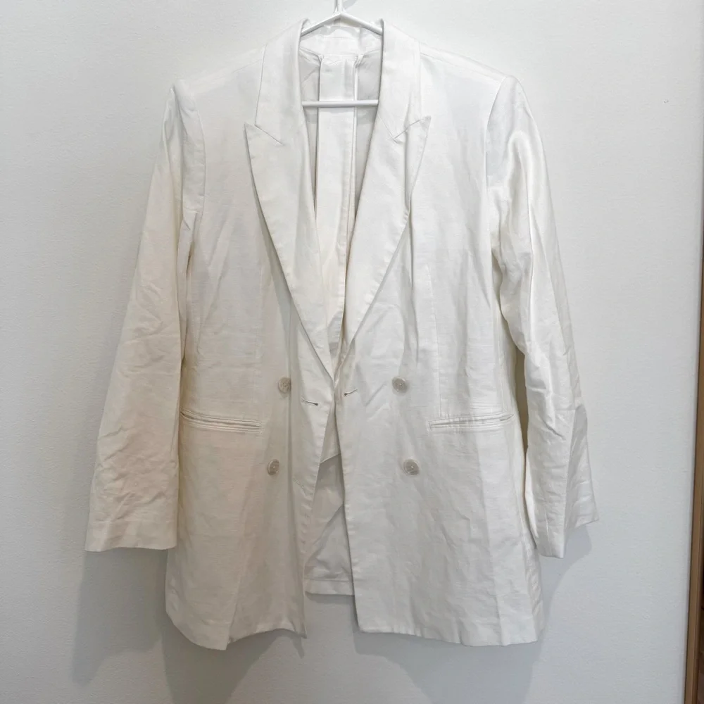 GAP Linen Blend White Double-Breasted Tie Waist Blazer - Picture 2 of 11